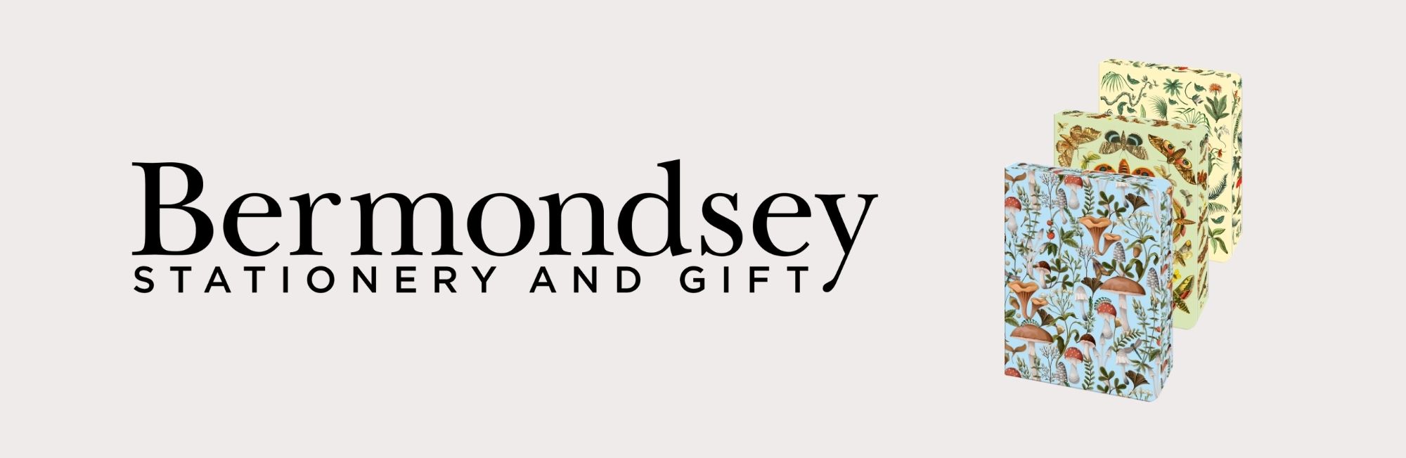 Bermondsey Stationery and Gift logo with patterned notebooks on a light beige background