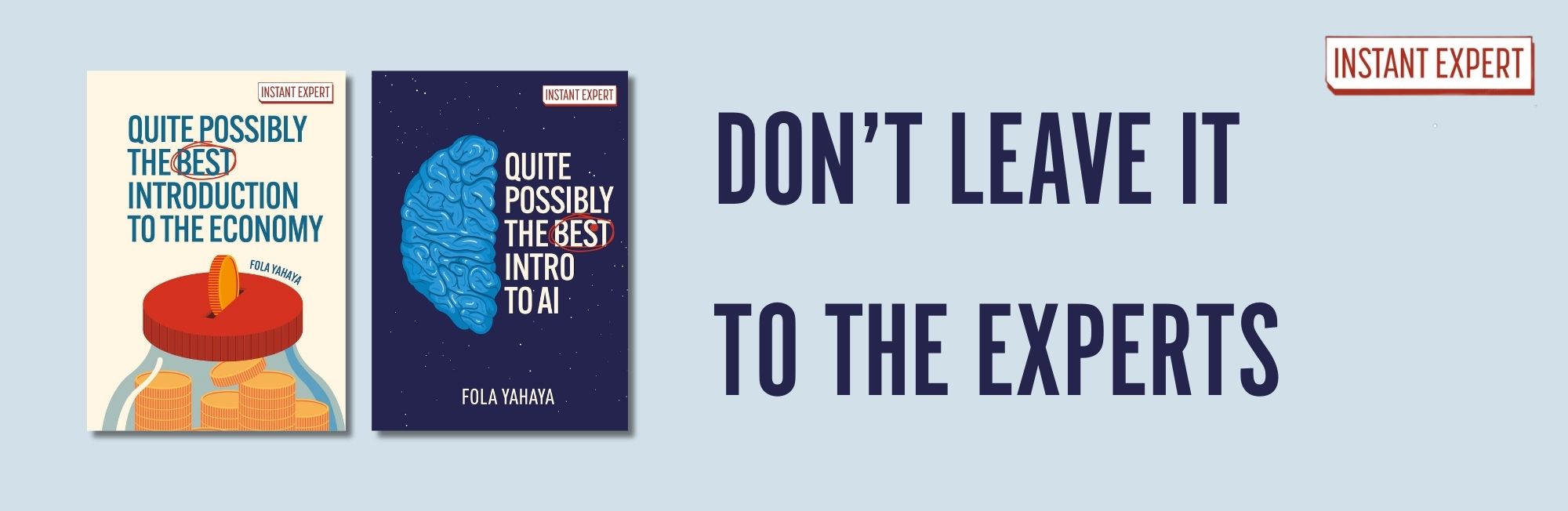 Two book covers with text 'Quite Possibly the Best Intro to AI' and 'Don't Leave It to the Experts' on a blue background.